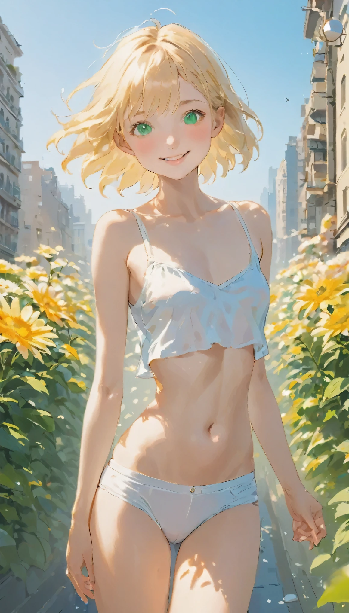 puberty, Green Eyes, Clear smile，Baby Face，flower, Outdoor, Very short stature，Flat Chest，Very thin thighs，naked，White crop top，belly button，Open Fly，Your hair is short , blonde, whole body, The background is the city, Evokes a feeling of lightness and well-being.