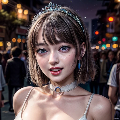 masterpiece of professional Analog photo, realistic and photorealistic with touch of rawness, (a close-up portrait of a tiny princess wearing white thongs on a city street), Dusk violet Sky, intricate lighting effects with light particles, (many colorful lights dazzling bokeh), Traffic lights, a crowd of fashionable street girls in the background, { Childish | Gigantic Cleavage }, (((NOGIZAKA))) Extremely Detailed very KAWAII face variation, perfect anatomy, captivating gaze, elaborate detailed Eyes with (sparkling highlights:1.2), long eyelashes、Glossy RED Lips with beautiful details, Coquettish tongue, Rosy cheeks . (Dynamic joyful expressions), { pleasure in agony | Ecstasy | :D | screaming | Perplexed }, Mystic sight . hair and eye color is same color, { Red leather high collar | Red ribbon }, from diagonally angle. short bob, Tiny princess tiara .
