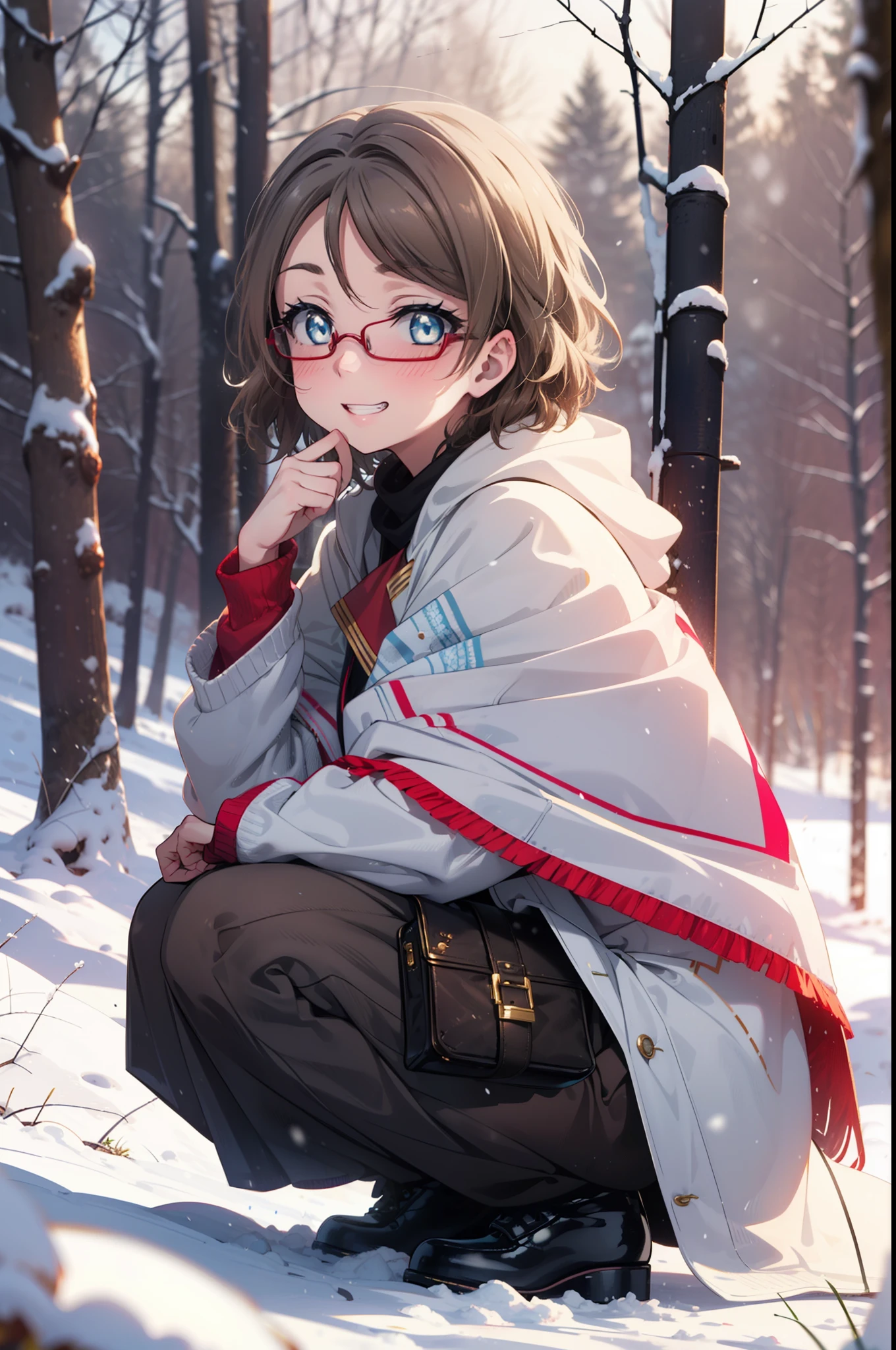 Yo Watanabe, Yu Watanabe, short hair, blue eyes, Brown Hair, smile, Grin,Medium Breast,Black-rimmed glasses,
Open your mouth,snow,Ground bonfire, Outdoor, boots, snowing, From the side, wood, suitcase, Cape, Blurred, having meal, forest, White handbag, nature,  Squat, Mouth closed, Cape, winter, Written boundary depth, Black shoes, red Cape break looking at viewer, Upper Body, whole body, break Outdoor, forest, nature, break (masterpiece:1.2), highest quality, High resolution, unity 8k wallpaper, (shape:0.8), (Beautiful and beautiful eyes:1.6), Highly detailed face, Perfect lighting, Extremely detailed CG, (Perfect hands, Perfect Anatomy),