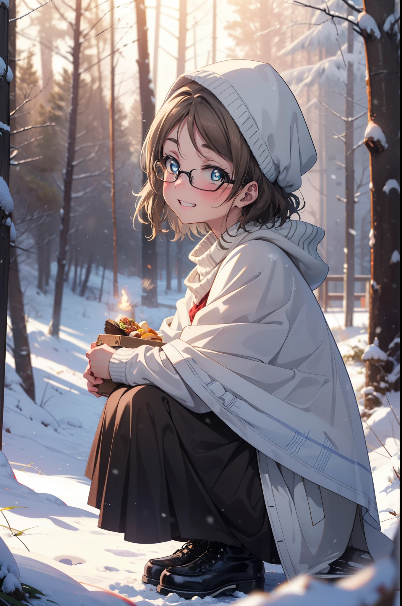 Yo Watanabe, Yu Watanabe, short hair, blue eyes, Brown Hair, smile, Grin,Medium Breast,Black-rimmed glasses,
Open your mouth,snow,Ground bonfire, Outdoor, boots, snowing, From the side, wood, suitcase, Cape, Blurred, having meal, forest, White handbag, nature,  Squat, Mouth closed, Cape, winter, Written boundary depth, Black shoes, red Cape break looking at viewer, Upper Body, whole body, break Outdoor, forest, nature, break (masterpiece:1.2), highest quality, High resolution, unity 8k wallpaper, (shape:0.8), (Beautiful and beautiful eyes:1.6), Highly detailed face, Perfect lighting, Extremely detailed CG, (Perfect hands, Perfect Anatomy),