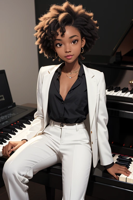 (masterpiece, best quality), deep ebony 1girl, beautiful face, short Afro braids , cute, , beautify, Lofi vibe,, cute night vibe, concentrated, hands outside of the picture, music studio, piano and guitar on the background, , dressed smartly black blazer, white shirt , white trousers , not sexy, cute look, clothing is dry and baggy, small breasts, vibe, cute smile, sitting