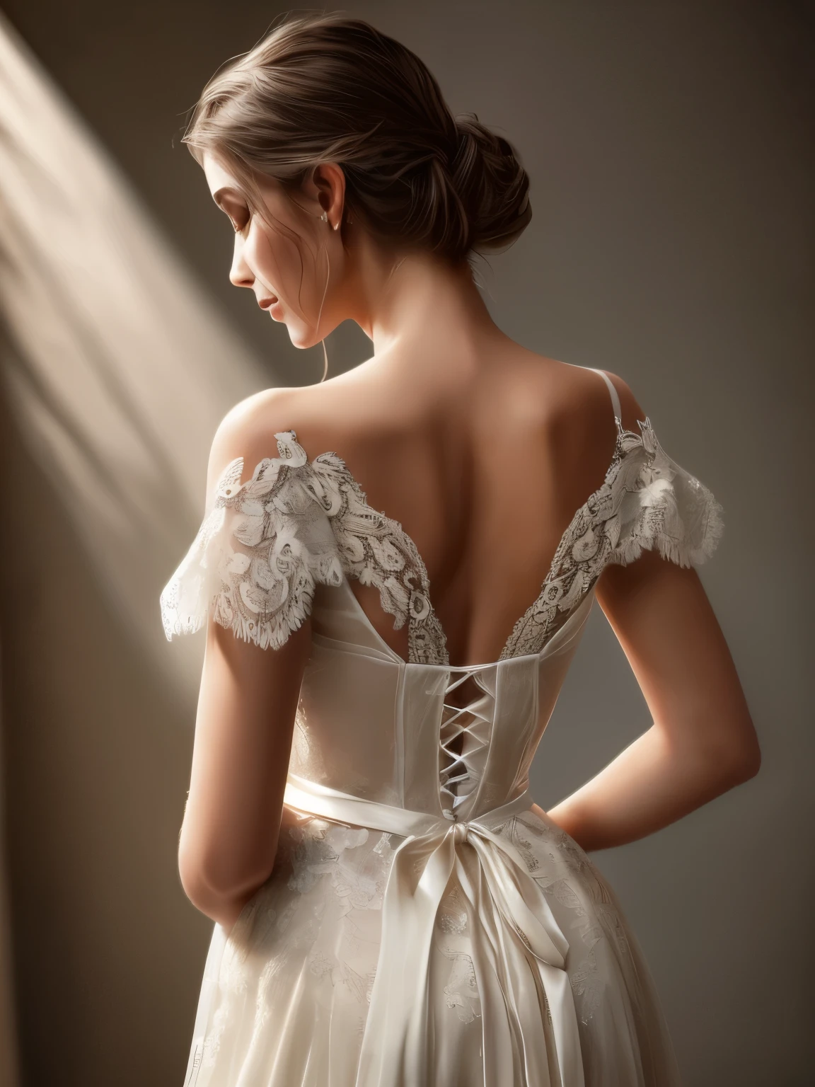 ((Close-up of the back from shoulder to waist))、Beautiful, intricate and delicate white lace、Highly detailed white lace、White lace with a unique pattern、(highest quality、4k、8k、High resolution、masterpiece:1.2)、Super detailed、(Real、Photorealistic、Photorealistic:1.37)、Exquisite craftsmanship、Luxurious texture、ornate designs、elegant、soft、Sparkling、Shine、Shine、Iridescent、Ethereal、(The back of a woman in a lace dress)、Beautiful and detailed back、Beautiful and detailed shoulders、Highly detailed eyes and hips、Tight waist、Gentle curves、Graceful pose、Natural lighting、Warm Tone Palette、Chiaroscuro、Atmospheric、Cinematic