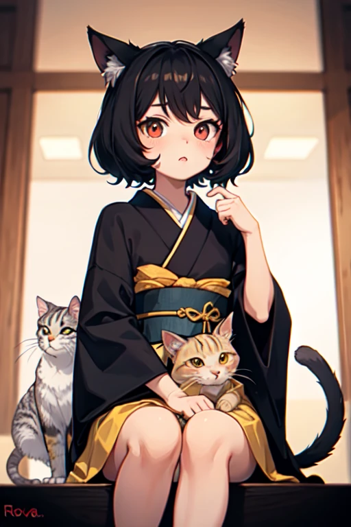 Chica gato, pelo negro y largo, lleva kimono de color blanco y rojo, tiene ojos morados