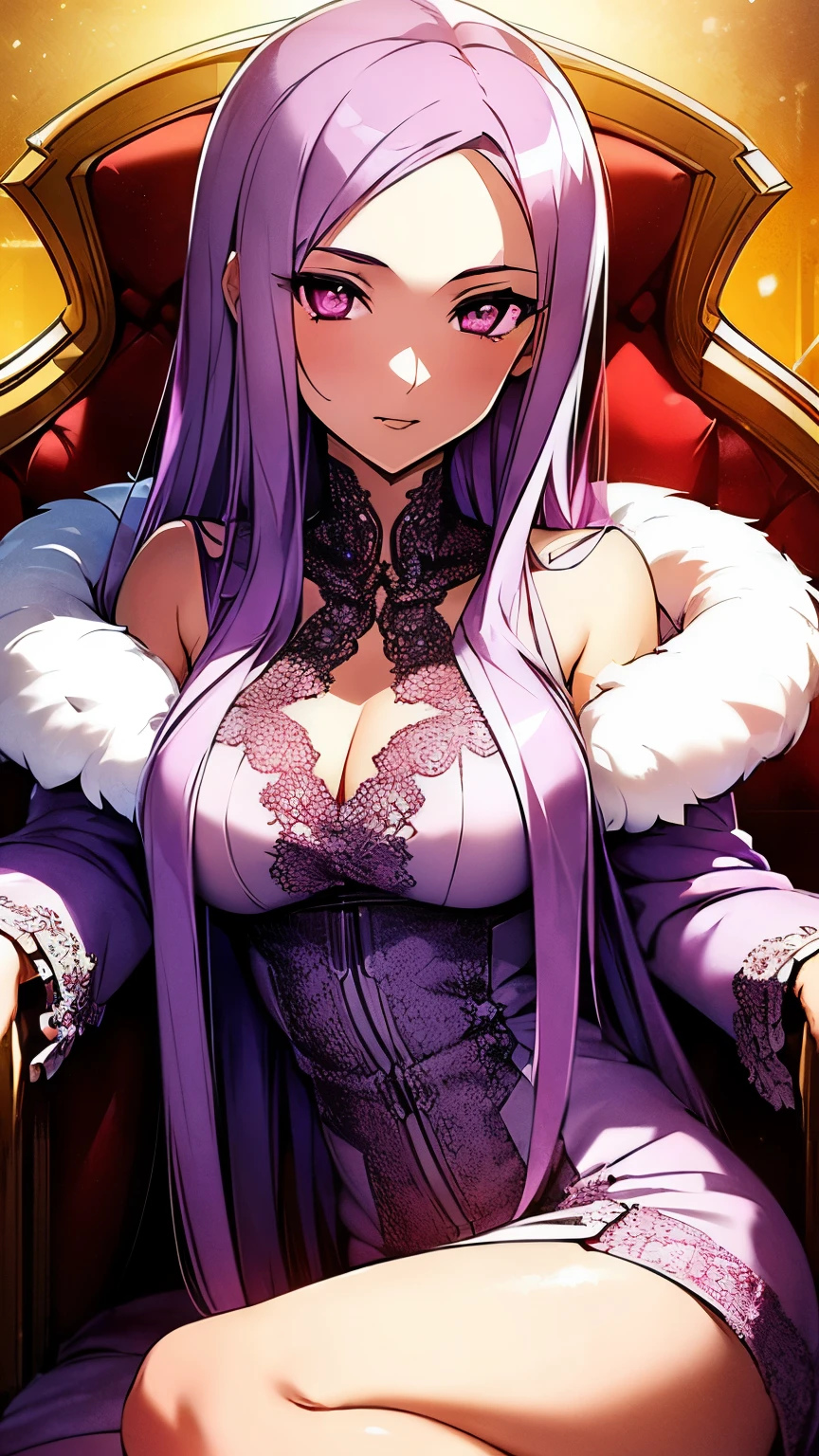 ((best quality)), ((masterpiece)), (detailed), perfect face, perfect detailed eyes, perfect detailed face, ultra-detailed nose, Light purple hair, rich waist-length hair, silk dress, (fur coat, mink fur), red high heels, Moist eyes, Brilliance, Gorgeous women, high-class prostitutes, cowboy shot, Starry sky, Sitting on the couch