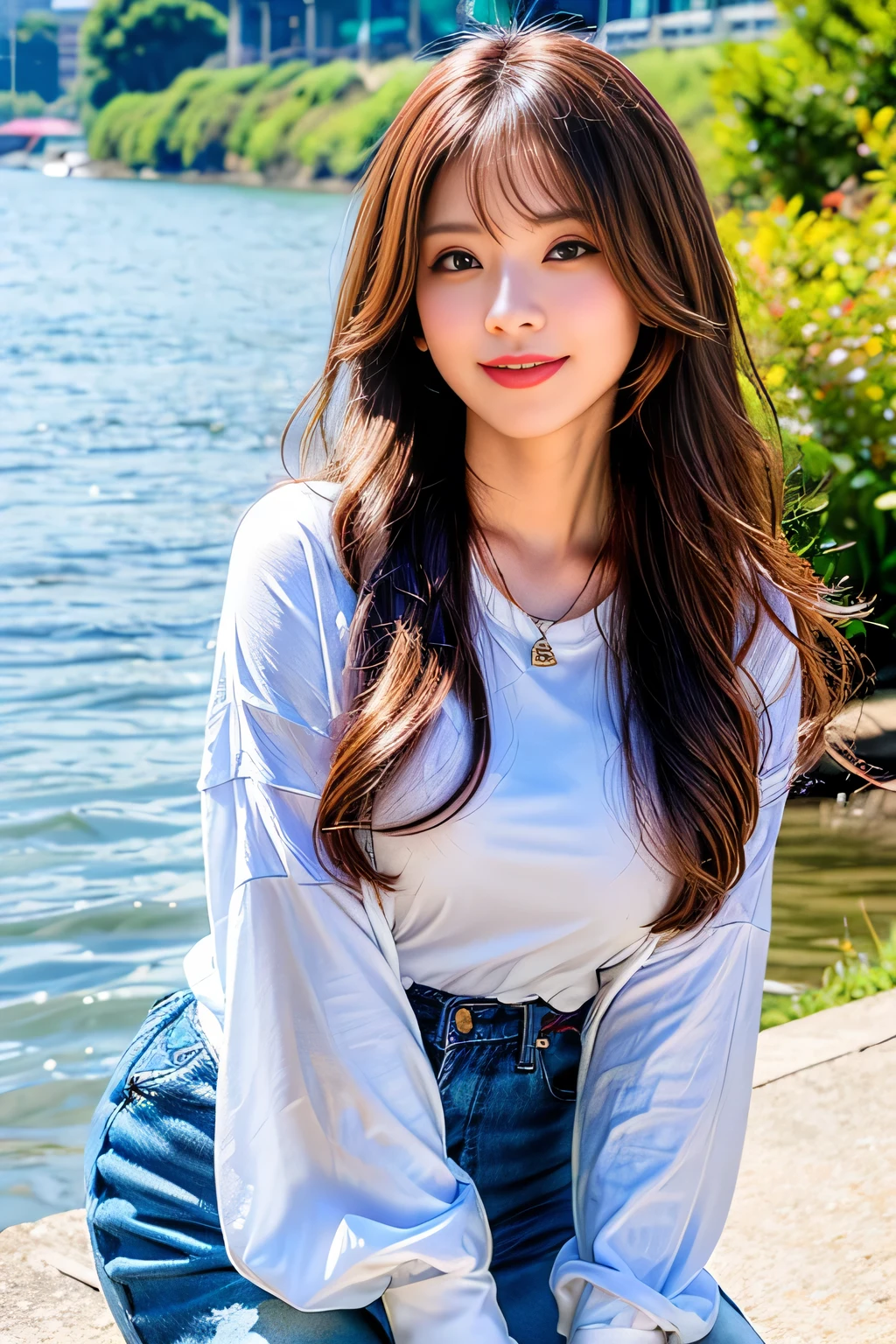 ((Full Body Angle))、((highest quality, 8K, masterpiece: 1.3)), concentrated: 1.2, Cute girl 1,Nipples erect、 Perfect beauty: 1.4,Cut and sewn T-shirt Raglan sleeve summer short sleeve T-shirt.Shorts: 1.2,Long sleeve、Randall Color、comics&Text Graphics、Black ruffle-trimmed drawstring zip blouse,1.1, Highly detailed face and skin textures, Fine grain, double eyelid, whitening skin, ,highest quality,Ultra-high resolution,you,1 girl,alone,_Shiny_skin,Iris,necklace,((Brown_length_Wavy_hair)),(lips)),eyelash,Front hair,deal with,compensate,Shiny,pore,skin texture,Large Breasts、smiling face、Front hair、River side、stroll、