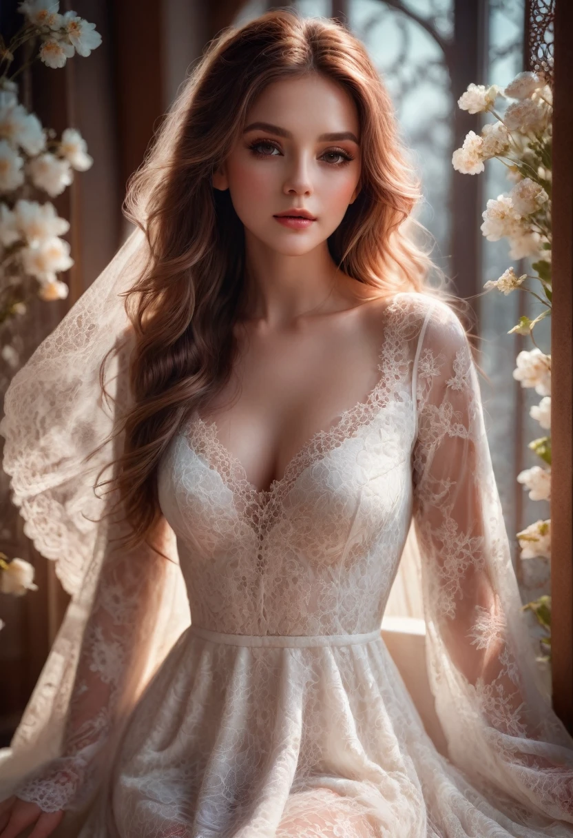 White Lace, beautiful white lace dress, elegant lady, long hair, soft lighting, graceful pose, detailed flowers, intricate lace patterns, sheer fabric, glowing skin, serene expression, ethereal atmosphere, delicate details, high quality, digital art, photorealistic, cinematic lighting, warm color palette, dramatic shadows, stunning beauty