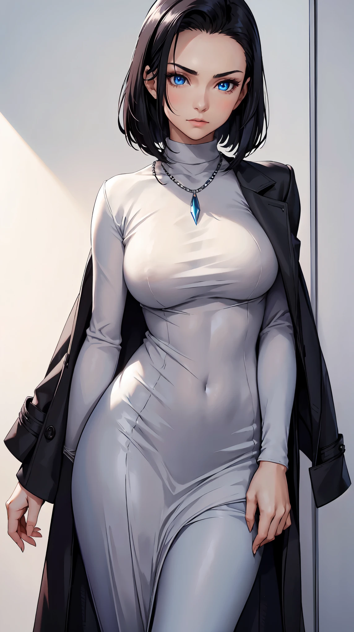 Masterpiece, stunning realistic, best quality, sharpness, 1 girl,black hair,slick back,long bobcut ,blue eyes,middle large breasts,long overcoat,knitted sweater,long skirt,silver necklace,standing in a white room,(shirt lift:1),shirt lift and pants pull