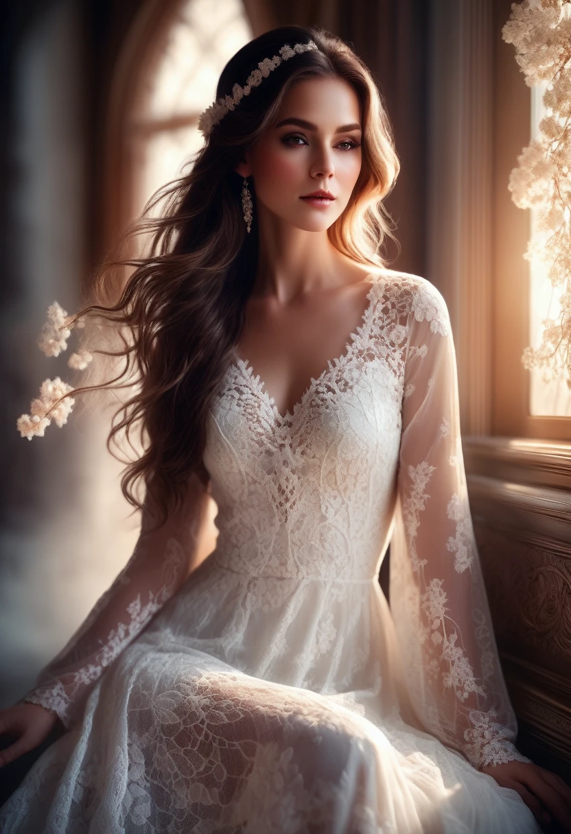 White Lace, beautiful white lace dress, elegant lady, long hair, soft lighting, graceful pose, detailed flowers, intricate lace patterns, sheer fabric, glowing skin, serene expression, ethereal atmosphere, delicate details, high quality, digital art, photorealistic, cinematic lighting, warm color palette, dramatic shadows, stunning beauty