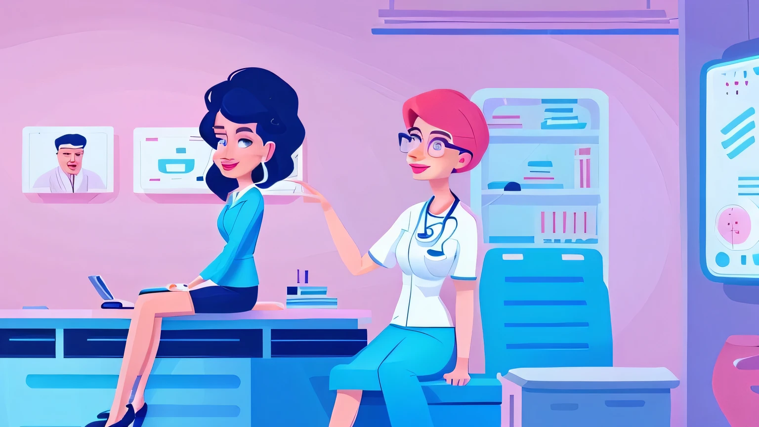 cartoon of a woman sitting on a table talking to a doctor, flat illustration, an illustration, commercial illustration, corporate animation style, colored illustration, video animation, illustration detailed, digital illustration -, good proportions, tv commercial, digital 2d animation, snapshot, animation still, animation illustrative style, detailed digital illustration, digital illustration, in the background, screenshots