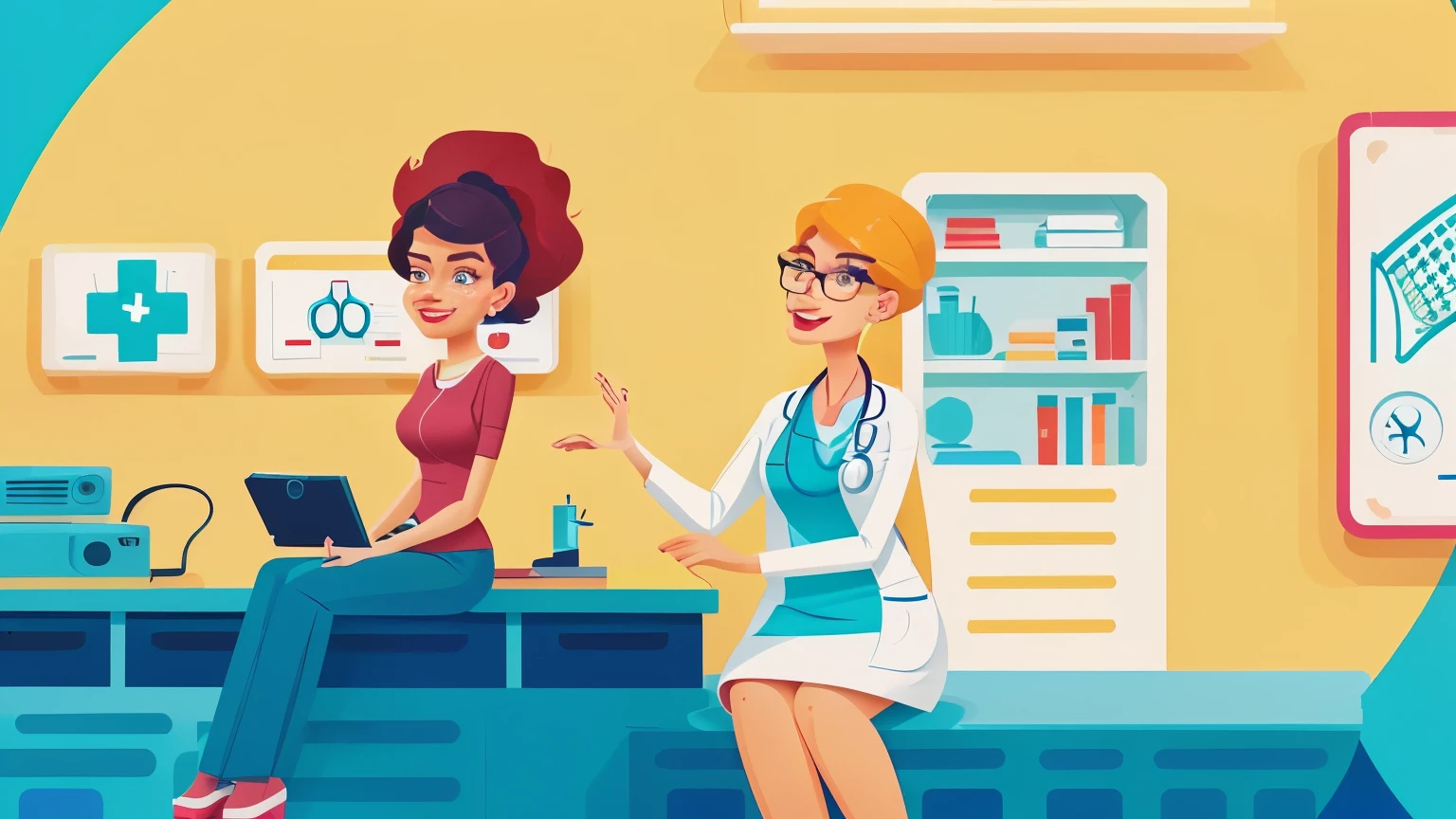 cartoon of a woman sitting on a table talking to a doctor, flat illustration, an illustration, commercial illustration, corporate animation style, colored illustration, video animation, illustration detailed, digital illustration -, good proportions, tv commercial, digital 2d animation, snapshot, animation still, animation illustrative style, detailed digital illustration, digital illustration, in the background, screenshots