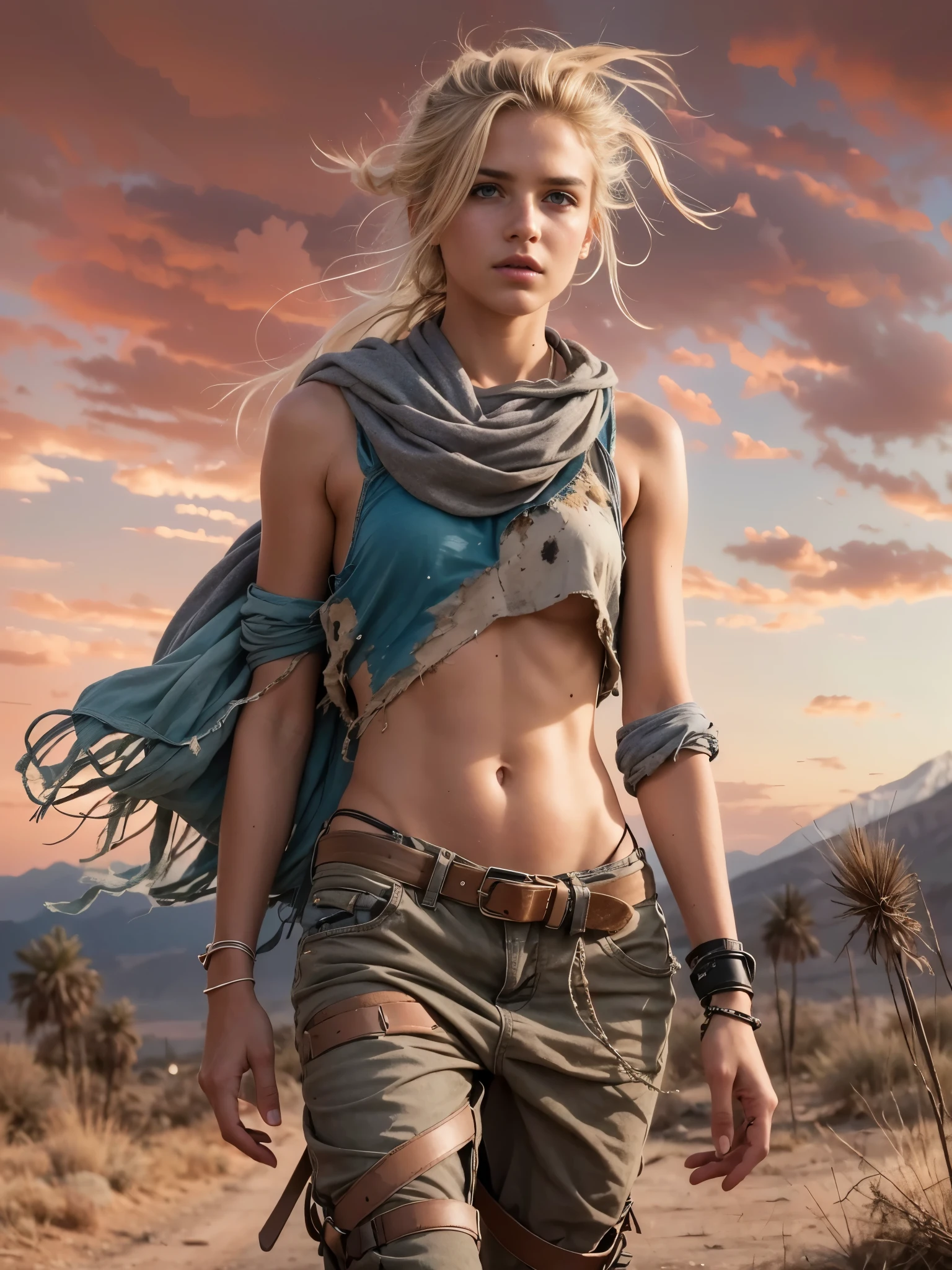 Masterpiece, Transitioning to a desert landscape at sunset, a lone figure, a beautiful  American teenage girls wearing beautiful  post apocalyptic nomadic clothes, white skin, blonde hair, blue-grey eyes, freckles on face, slim running body, small breasts, very detailed face, ultra realistic face, very beautiful face, post-apocalyptic clothing. Layers of tattered fabric, unconventional accessories, and a weathered look create an aura of survival and resilience, 16K, ultra high res.photorealistic, UHD, RAW, DSLR