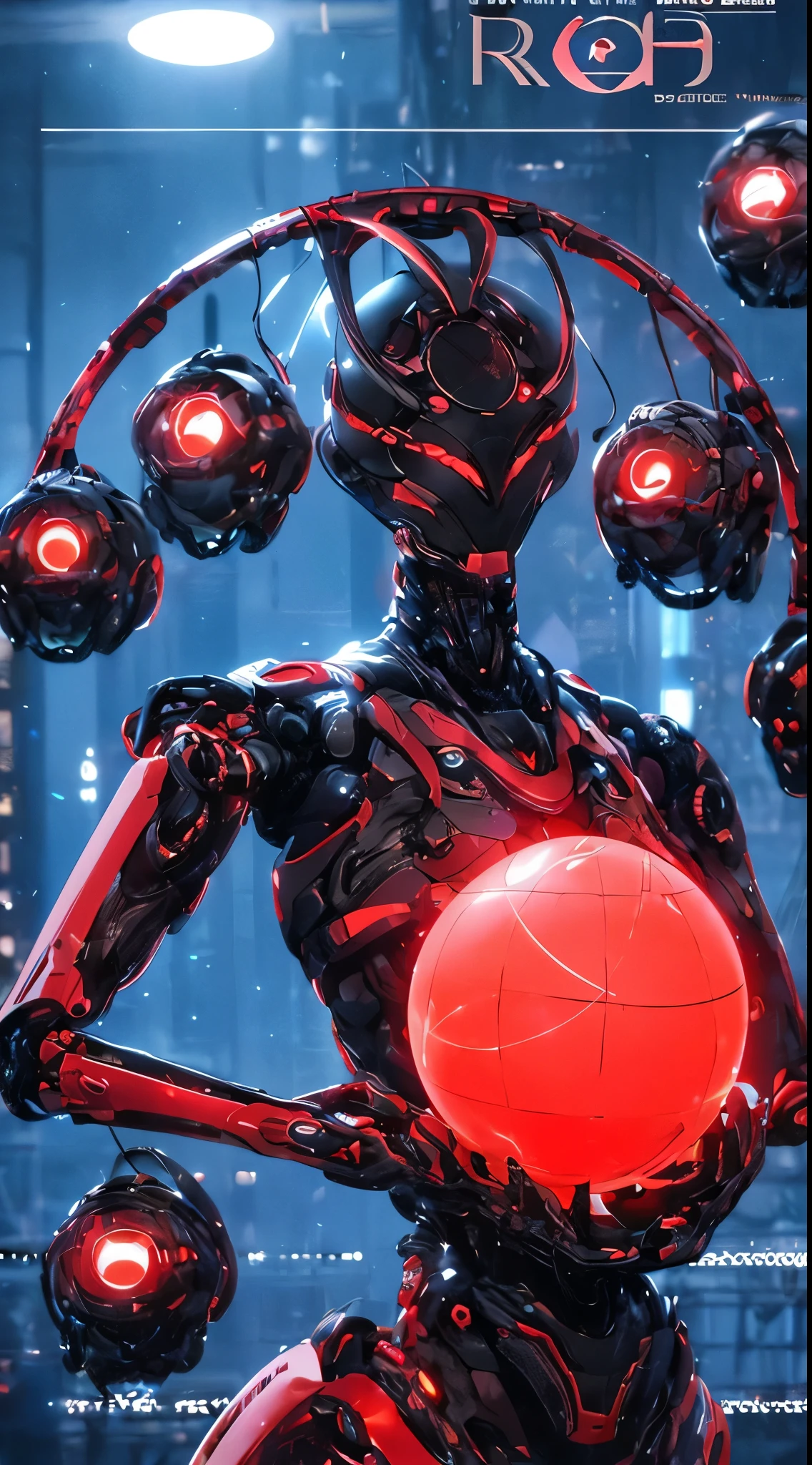 the cover art of rood magazine has a sphere, a worm, and a glowing red light, in the style of conceptual portraiture, made of rubber, futuristic robots, elina karimova, light black, technology-based art, oversized objects --s 500 --ar 4:5 --v 6.0 --style raw