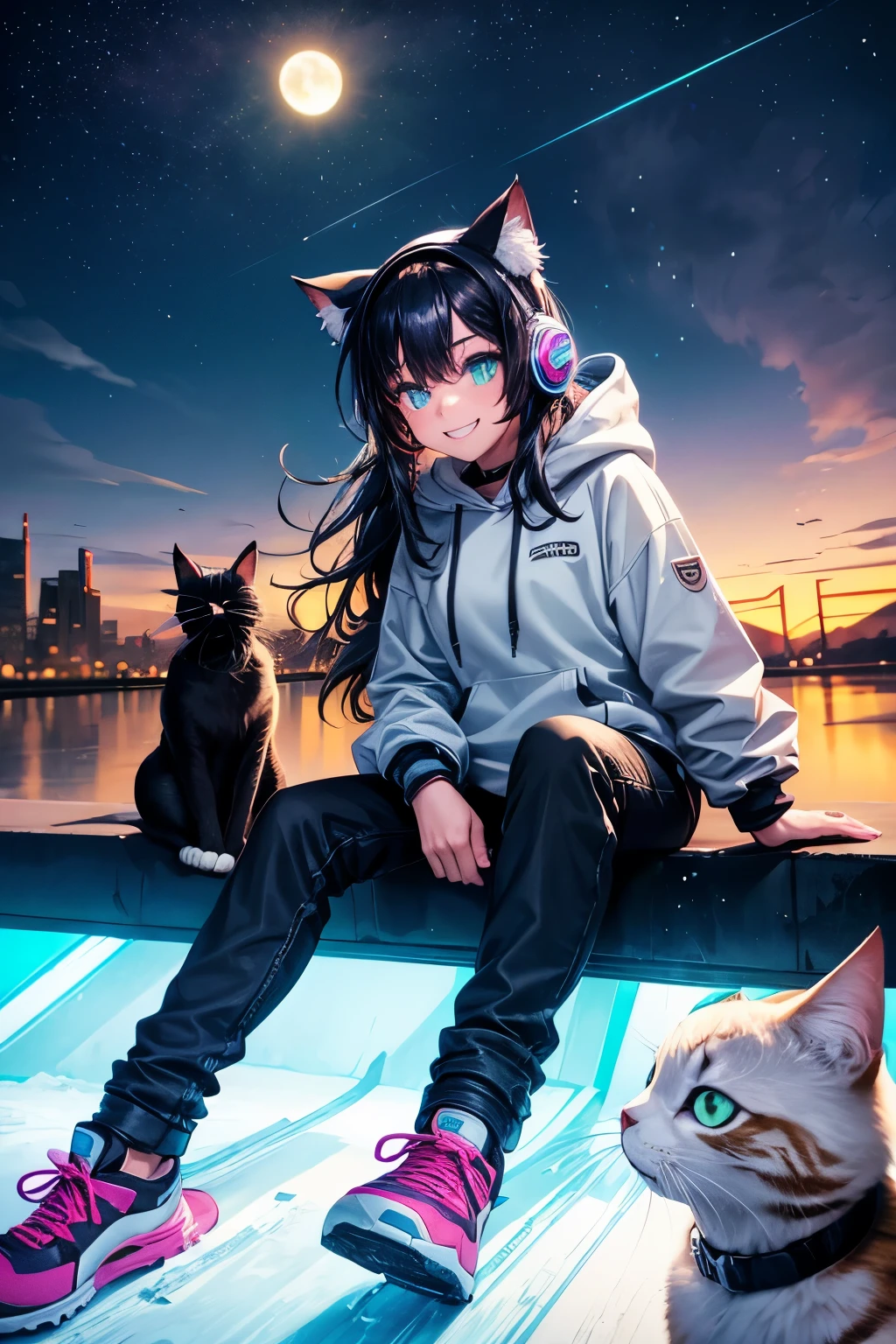 Best Quality, High Resolution, Perfect Human Structure, Wasteland, Jumping, Snowboarding, Smiling, Underneath, Evening, Night, Northern Lights, Moon, Loneliness, Black Hair, Cat Ear, Headphones, Hoodie, Jeans, Sitting, Top Angle, Clothing, Near Future, City, Neon Color, Colorful, Graphic Design, Various Color Hair, Starry Eyes, Wavy Hair