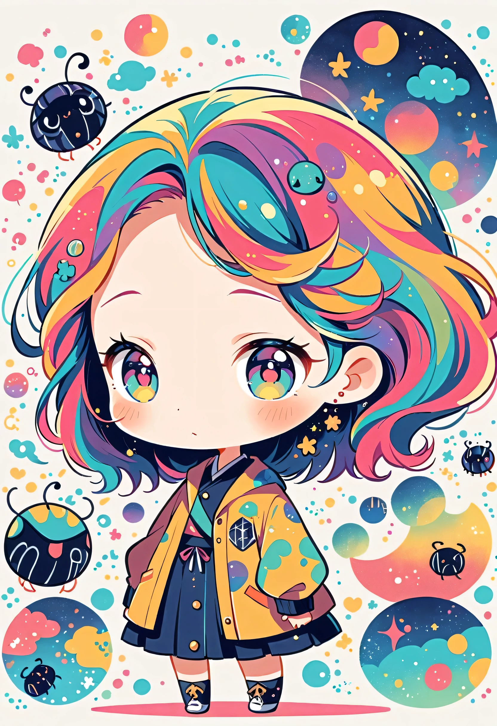 Watase Seizo style, Standing in front of a high wall,Simple Line Initialism,Abstract art,galactic universe Background, (((The most beautiful girl))), (((chibi))), Cute and colorful pillbugs