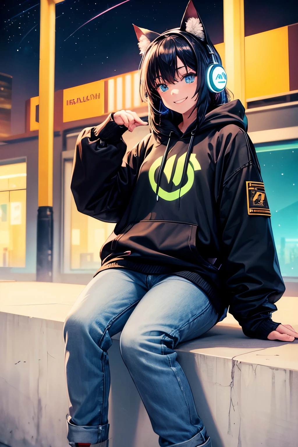 Best Quality, High Resolution, Perfect Human Structure, Wasteland, Jumping, Snowboarding, Smiling, Underneath, Evening, Night, Northern Lights, Moon, Loneliness, Black Hair, Cat Ear, Headphones, Hoodie, Jeans, Sitting, Top Angle, Clothing, Near Future, City, Neon Color, Colorful, Graphic Design, Various Color Hair, Starry Eyes, Wavy Hair