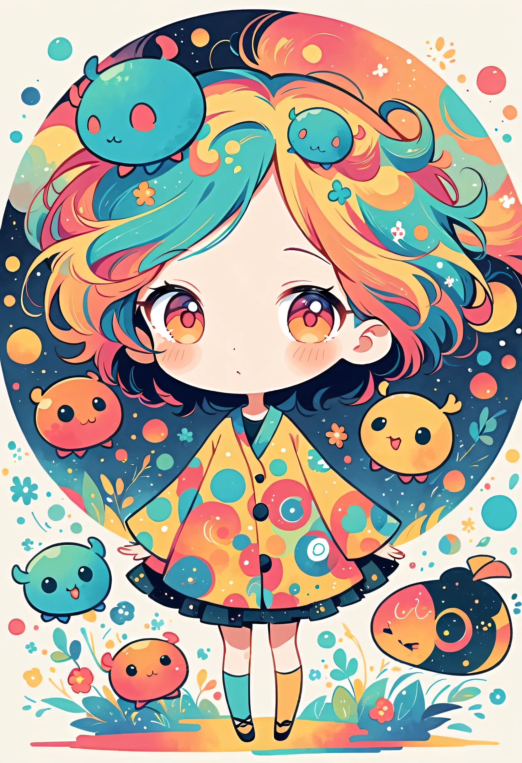 Watase Seizo style, Standing in front of a high wall,Simple Line Initialism,Abstract art,galactic universe Background, (((The most beautiful girl))), (((chibi))), Cute and colorful pillbugs