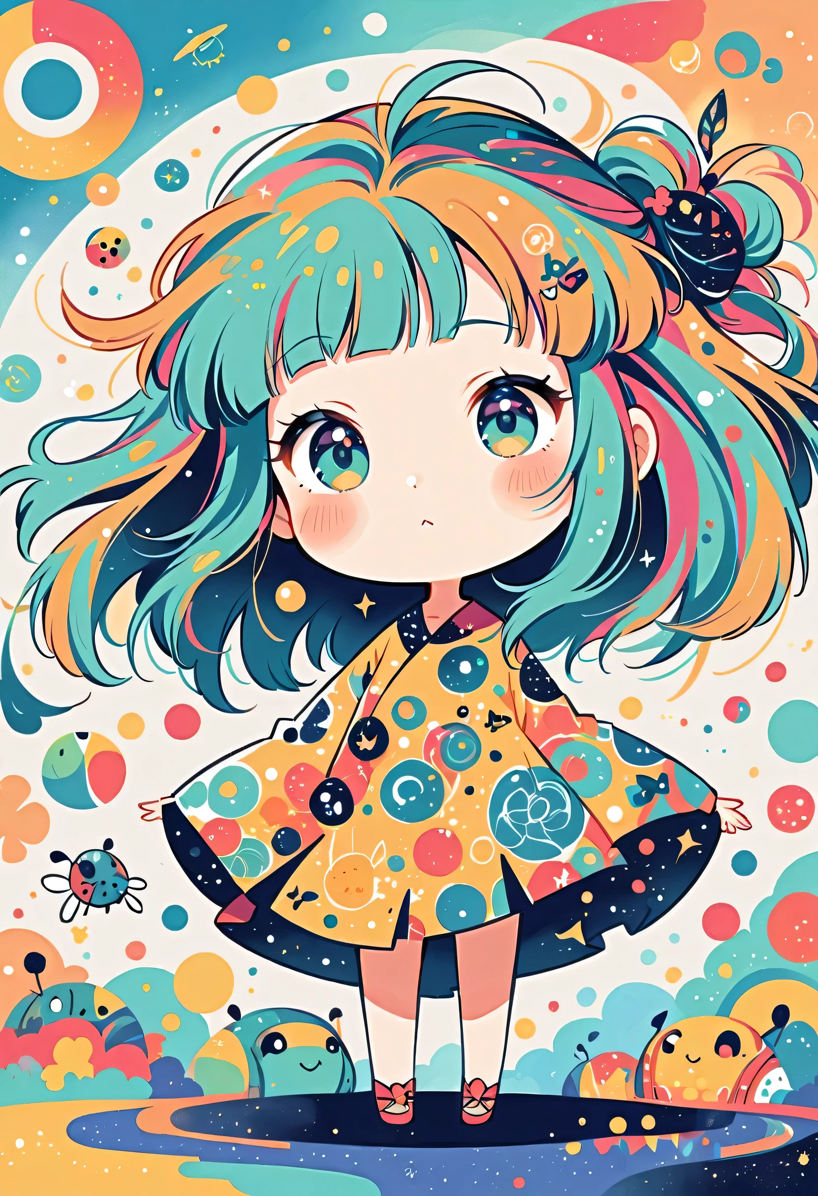 Watase Seizo style, Standing in front of a high wall，Simple Line Initialism，Abstract art，galactic universe Background, (((The most beautiful girl))), (((chibi))), Cute and colorful pillbugs