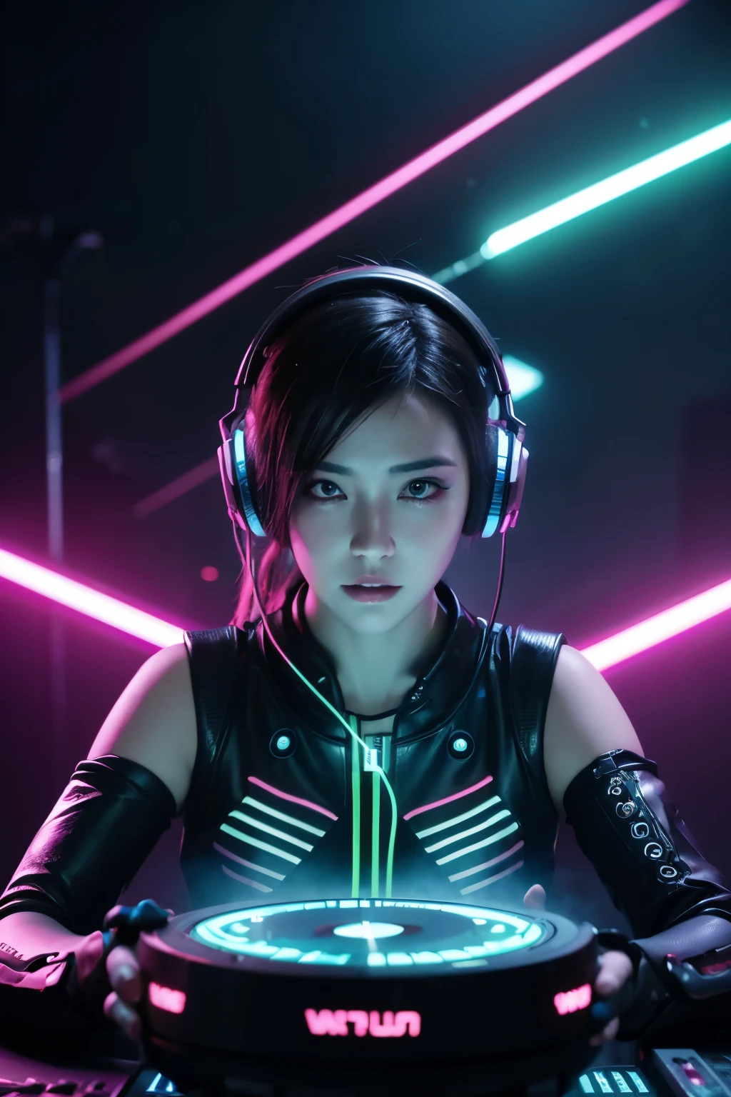 A DJ with a futuristic cyberpunk look, neon glowing headphones, abstract geometric shapes, digital art, vibrant colors, cinematic lighting, dynamic pose, volumetric lighting, 8k, highly detailed, photorealistic, masterpiece