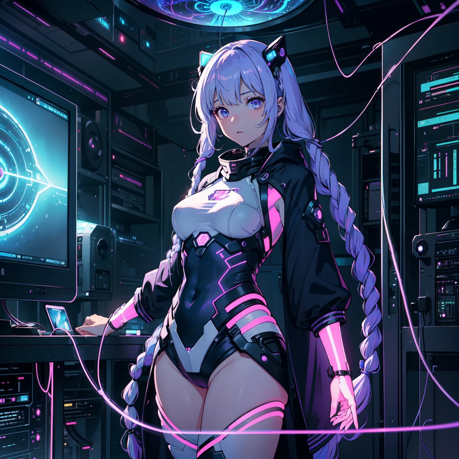 highest quality, 8k, High resolutionアート, High resolution, Super detailed, Very detailed, Cyberspace、((Two women))、((Female researcher and cryptic girl))、(Female researcher looking at cryptic girl、Female researchers are the 20th century style、Wearing a white coat)、(A cryptic girl in a transparent artificial womb、Floating in amniotic fluid、Natural standing posture)、(Numerous digital wires connect the girl from the uterus、Glowing Wiring、Wiring is as follows:々It emits a variety of colors.)、(Open your eyes slightly、How I woke up)、(Purple white gradient twin long braided hair:1.2),Cyber Costume, Sci-Fi Costumes 、Huge monitor screen、