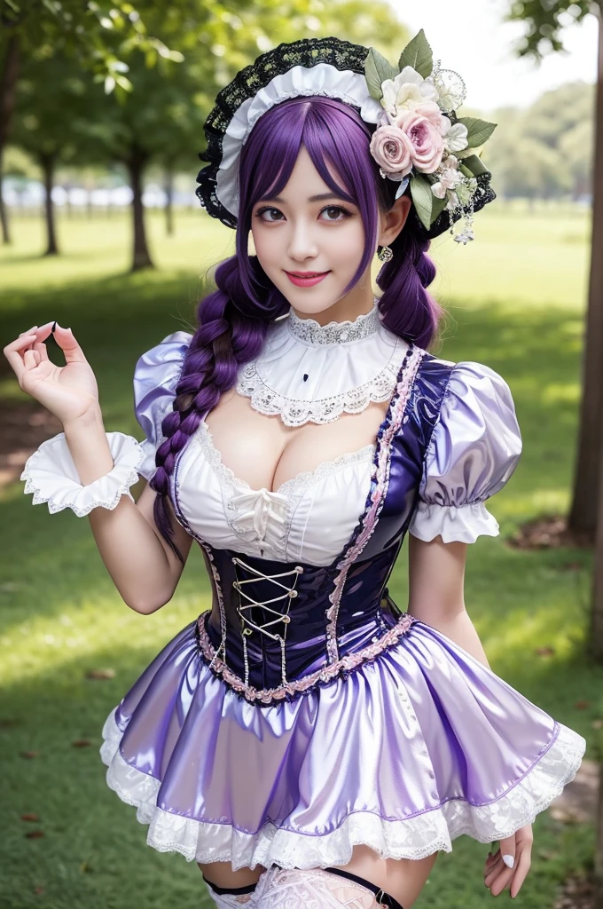 (nsfw), sexy stylish Swedish model, only 1 female, ((doll-like appearance)), short purple stylish hair, ((shiny Victorian-Style boots)), (big smile), ultra detailed eyes, vivid eye makeup, lipgloss, long lashes, defined eyebrows, ((sexy Paradise Kiss cosplay)), bell-shaped skirt, petticoats, high neckline, puffed sleeves, (( ultra detailed lace)), ((ultra detailed embroidery)), intricate details, Paradise Kiss accessoires and matching headpiece, choker, ((large sparkling Paradise Kiss jewelry)), cinematic light, detailed large park background with trees