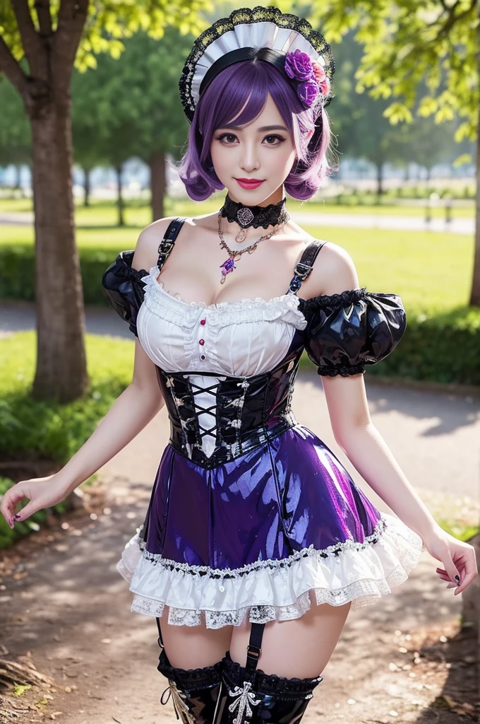 (nsfw), sexy stylish Swedish model, only 1 female, ((doll-like appearance)), short purple stylish hair, ((shiny Victorian-Style boots)), (big smile), ultra detailed eyes, vivid eye makeup, lipgloss, long lashes, defined eyebrows, ((sexy Paradise Kiss cosplay)), bell-shaped skirt, petticoats, high neckline, puffed sleeves, (( ultra detailed lace)), ((ultra detailed embroidery)), intricate details, Paradise Kiss accessoires and matching headpiece, choker, ((large sparkling Paradise Kiss jewelry)), cinematic light, detailed large park background with trees