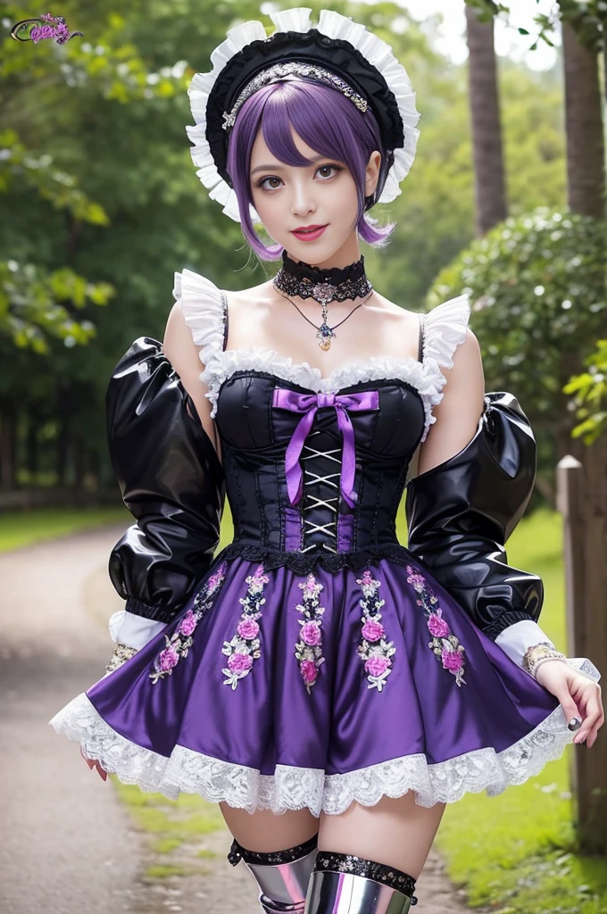 sexy Japanese model who controls poison、beautiful smile、lipgloss、long lashes、eyeliner、gothic makeup、defined eyebrows、look at the camera、full body Esbian、、sparkling poisoned enchanted flower costume、、、、shiny sparkling colorful short hair、secrete poison、skull hair accessories、sexy tights、shiny sparkling dark magic forest background
