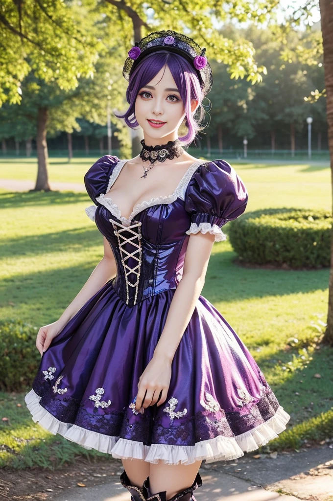 (nsfw), sexy stylish Swedish model, only 1 female, ((doll-like appearance)), short purple stylish hair, ((shiny Victorian-Style boots)), (big smile), ultra detailed eyes, vivid eye makeup, lipgloss, long lashes, defined eyebrows, ((sexy Paradise Kiss cosplay)), bell-shaped skirt, petticoats, high neckline, puffed sleeves, (( ultra detailed lace)), ((ultra detailed embroidery)), intricate details, Paradise Kiss accessoires and matching headpiece, choker, ((large sparkling Paradise Kiss jewelry)), cinematic light, detailed large park background with trees 