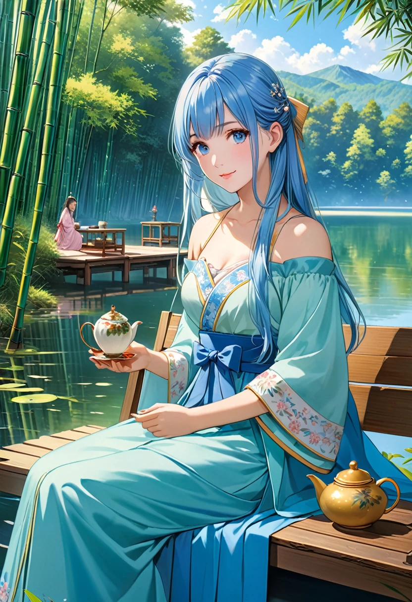 masterpiece, best quality, Official Art, 8k wallpaper, Very detailed, illustration, 1 girl, Sky blue hair, long hair, delicate eyes, Forrest Gump, Bare shoulders, Hanfu, lake, Pure, Gentle smile, bamboo, Tea