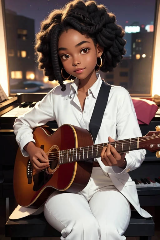 (masterpiece, best quality), deep ebony 1girl, beautiful face, short Afro braids , cute, , beautify, Lofi vibe,, cute night vibe, concentrated, hands outside of the picture, music studio, piano on the background, , dressed smartly black blazer, white shirt , white trousers, cute look, clothing is dry and baggy, small breasts, teen vibe, cute smile, sitting next to a guitar, seen from behind
