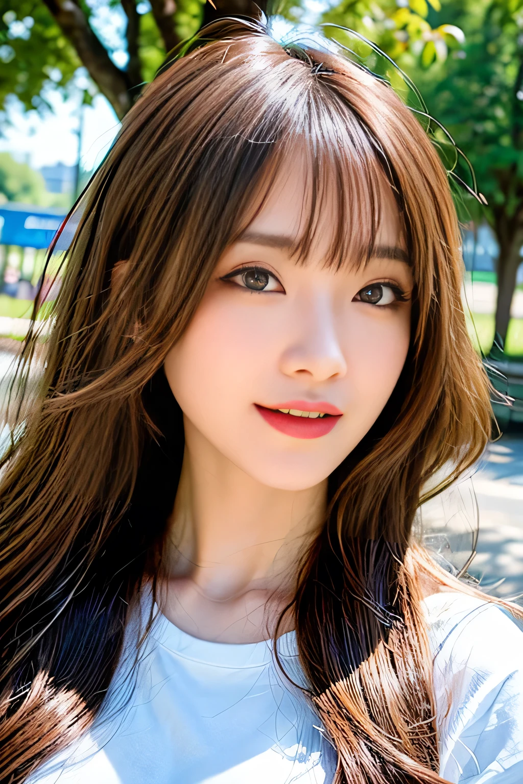 masterpiece、Flat Color、Depth of written boundary、Lens Flare 1 Girl、the way、Brown Hair、Staring at the audience、、bulging big breasts、Small face、bangs over eyes、side、Mouse-colored eyes