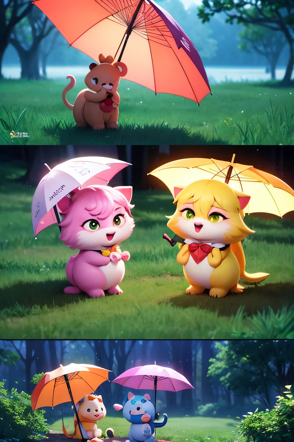 highest quality、4k,8k,Professional Lighting、masterpiece、Wet day、Heartwarming characters、Animal character、Comical characters、umbrella