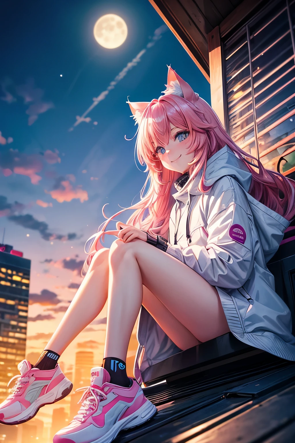 Best Quality, High Resolution, Perfect Human Structure, Iridescent Hair, Glowing Hair, Cat Ear, Fun, Sitting On Roof, City, Sunset, Moon, Neon, Neon Color, Near Future, From Below, Heart Shape Eyes, Pink Hair, Wavy Hair, Glowing Hair, Smiling, Parka, Sneakers, Beautiful,
