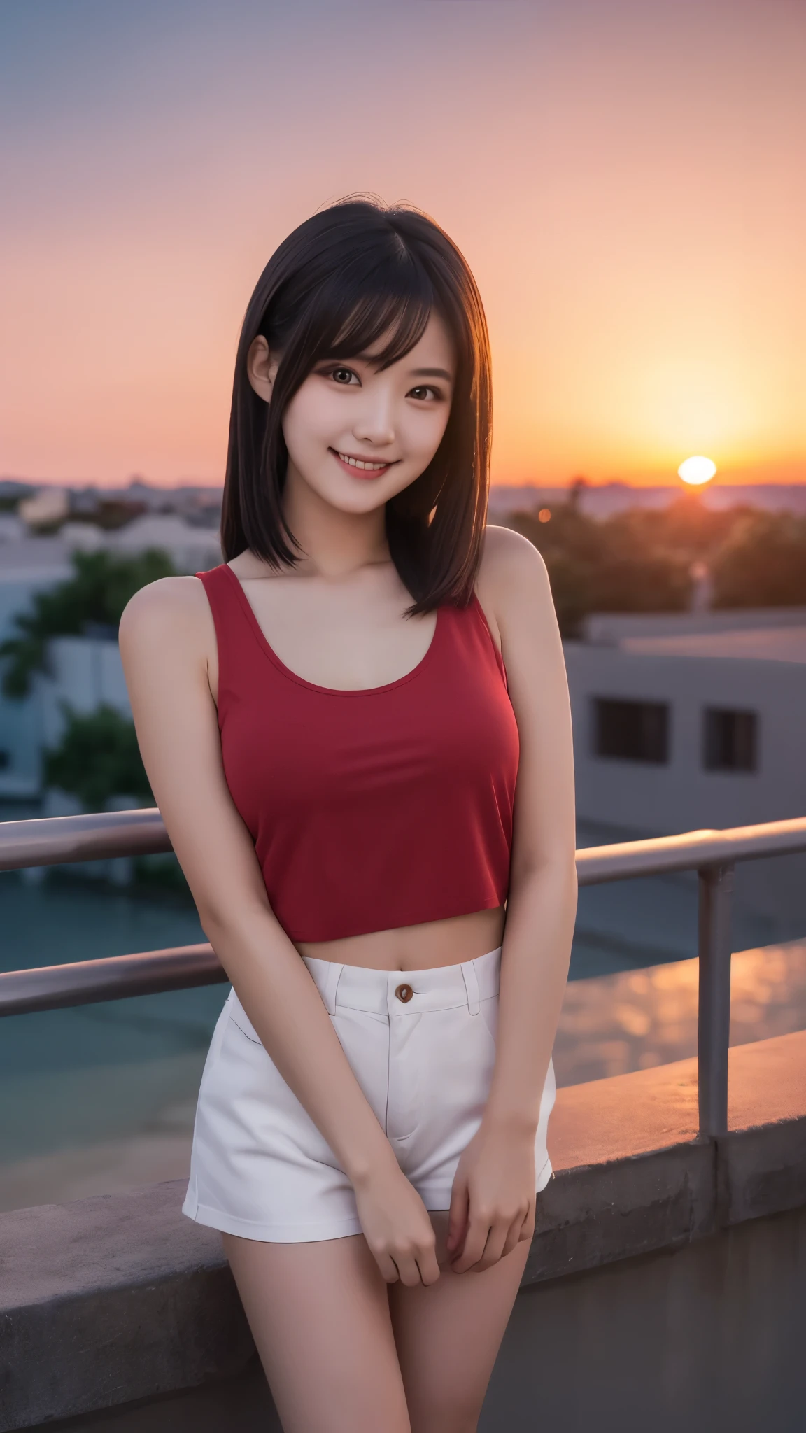 One girl, Photo Model, smile, Focus on your audience, Beautiful lighting, highest quality, masterpiece, Ultra-high resolution, Realistic, Black Hair, Short tank top, Shorts, Long Stockings, Medium chest, White skin,( Sunset background:1.4)