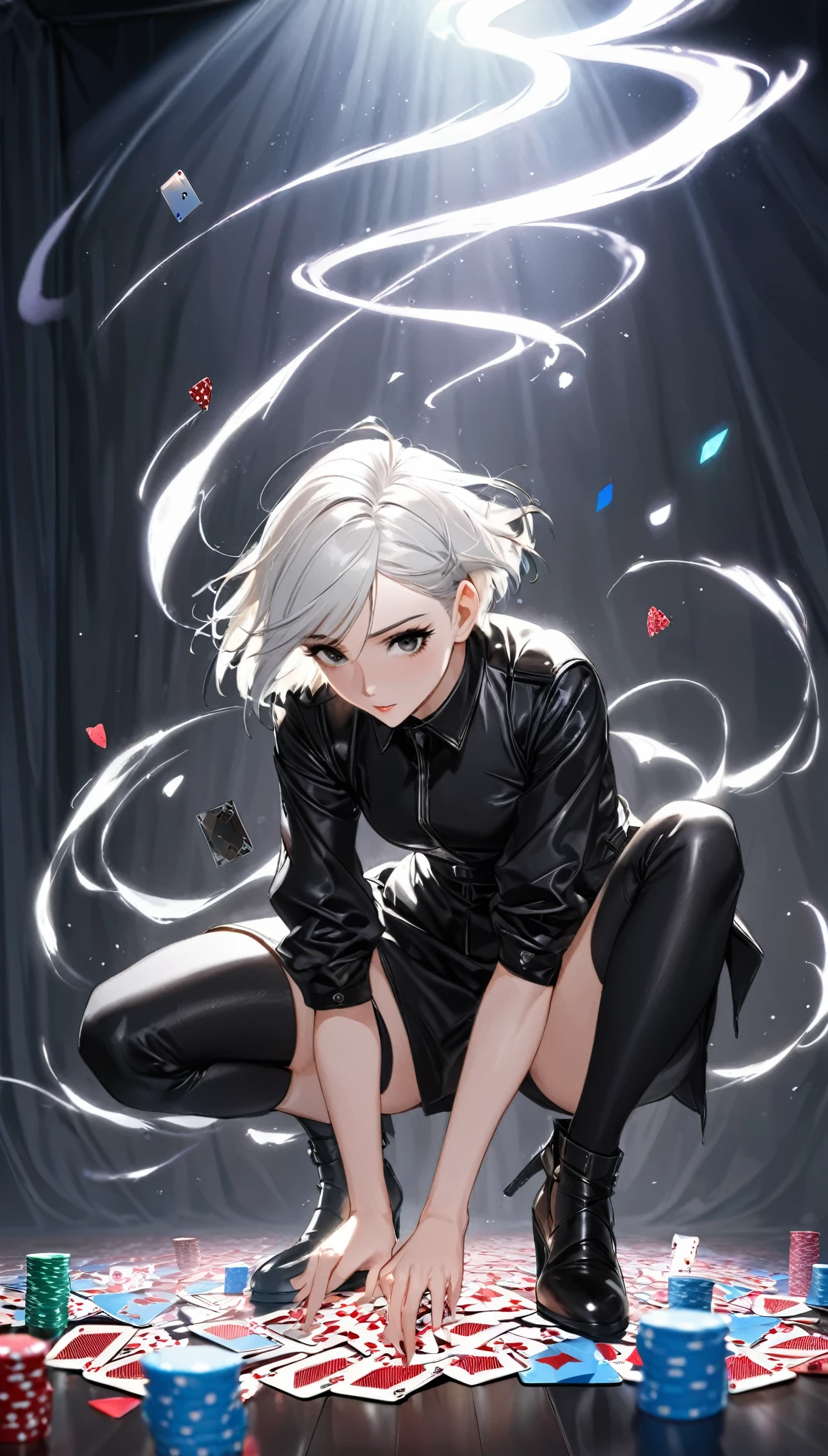 best quality, super fine, 16k, magic,  (1person, futanari, androgynous:1.5),(thin, skinny:1.3),(pale skin, light grey skin color:1.3),(short hair, white hair:1.4),(grey eyes:1.3),((black outfit, black clothes), leather outfit, rouge outfit, illusion, countless playing cards dancing in a tornado, the shadow of a beautiful woman crouching in the center of the tornado, wind effects, spotlights, neon lights, background black curtain of velvet and felt fabric
