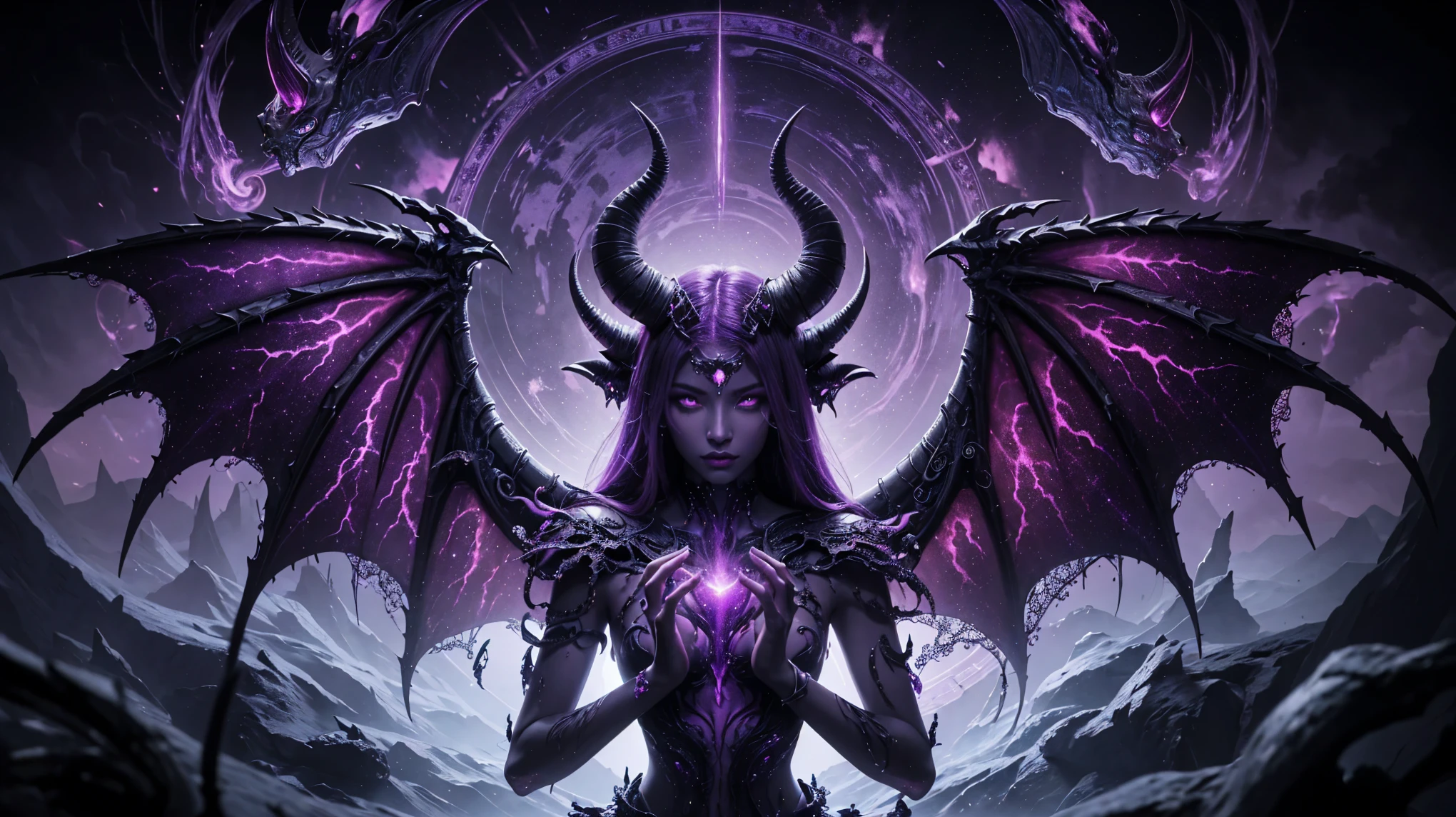 realistic, masterpiece, cinematographic. an alien demon on a purple and black background, digital art, by Anne Stokes, fantasy art, gray skin radiating fuchsia energy. girl design with lush horns, discord profile photo