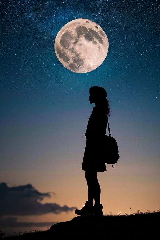 highest quality,Big moon and shadow,A silhouette of a person can be seen against the backdrop of a large moon.,There is one full moon,There is a mood,Beautiful scenery,Starry Sky
