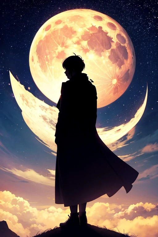 highest quality,Big moon and shadow,A silhouette of a person can be seen against the backdrop of a large moon.,There is one full moon,There is a mood,Beautiful scenery,Starry Sky