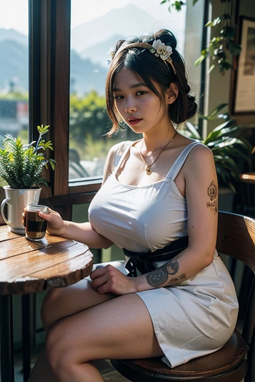 ((Benevolent voluptuous ((Laotian)) 18 yo barista)) sitting at wooden table while intently reading book, (wearing tight baristas uniform), wearing floral headpiece, tattoos on arms and legs, wearing smartwatch, high quality photo, sitting in the middle of the quiet (goth themed cafe with copious potted cannabis sativa plants) during golden hour, French press coffee on table