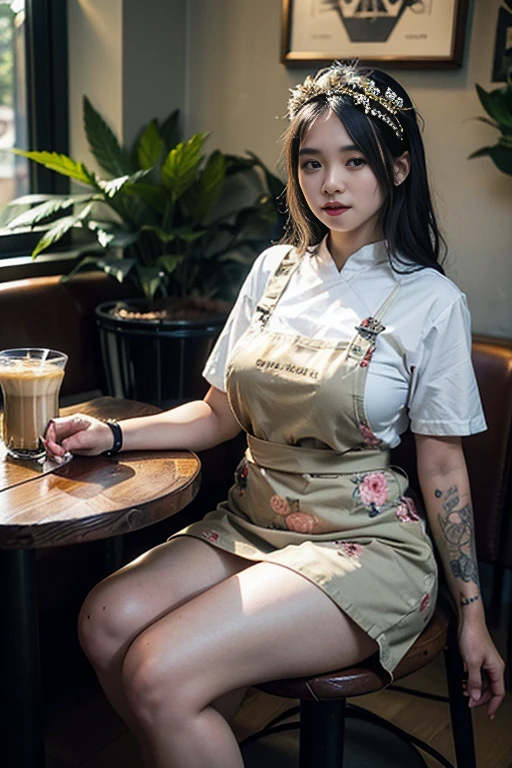 ((Benevolent voluptuous ((Laotian)) 18 yo barista)) sitting at wooden table while intently reading book, (wearing tight baristas uniform), wearing floral headpiece, tattoos on arms and legs, wearing smartwatch, high quality photo, sitting in the middle of the quiet (goth themed cafe with copious potted cannabis sativa plants) during golden hour, French press coffee on table