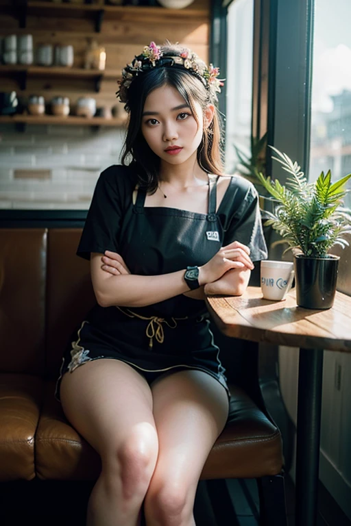 ((Benevolent voluptuous ((Laotian)) 18 yo barista)) sitting at wooden table while intently reading book, (wearing tight baristas uniform), wearing floral headpiece, tattoos on arms and legs, wearing smartwatch, high quality photo, sitting in the middle of the quiet (goth themed cafe with copious potted cannabis sativa plants) during golden hour, French press coffee on table