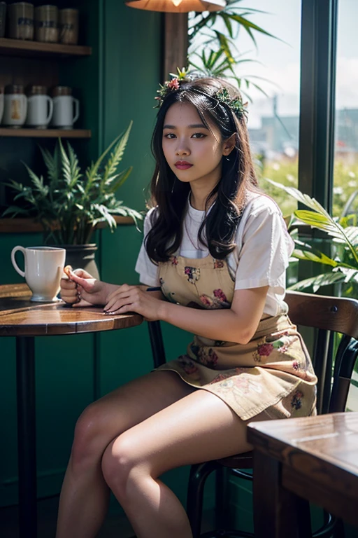 ((Benevolent voluptuous ((Laotian)) 18 yo barista)) sitting at wooden table while intently reading book, (wearing tight baristas uniform), wearing floral headpiece, tattoos on arms and legs, wearing smartwatch, high quality photo, sitting in the middle of the quiet (goth themed cafe with copious potted cannabis sativa plants) during golden hour, French press coffee on table