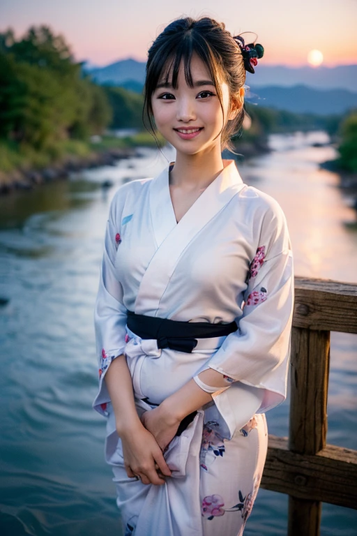 One super beautiful Japanese -faceuty,muste piece, best quality, Super detailed, fine details, High resolution, In 8K, ((photorealistic:1.4, Live shooting, 超High resolution,Highest image quality: 1.4)), ((Super baby-facepanese idol-class beautiful girl:1.3)), (face is round and small), (((The nose is symmetrical and narrow:1.4))),(The ratio of the transcendental nose is symmetrical and small and high.),wall paper, beautiful detailed eyes, natural color lip, ((gentle smile:1.5)), ((Random and cute bangs see-through hairstyle)), ((random yukata:1.5)), ((big breast size:1.8、cleavage:0.9)), ((Only one mole just above the tear bag:1.2),((The river at night is in the background:1.4)), ((random happy expression)),Highly detailed and natural lighting)),((I can see my thighs:1.5)),Looks like a random little devil:1.3,Random Sexy Pose:1.4,