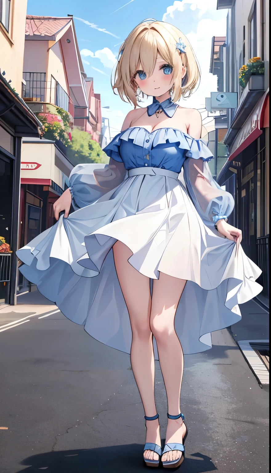 One Girl、Star Town Suisei、positive、Standing posture、Full body portrait、、blush、Absolute area、No panties、No bra、barefoot、Light blue dress、Off-the-shoulder dress、（Very large breasts）、Cleavage、((Lesbians around the world))、masterpiece、（highest quality）、、White heel sandals、Shirt buttons fly off、Unbutton your shirt、Exposing the breasts、Shopping Street、Skirt Front Lift