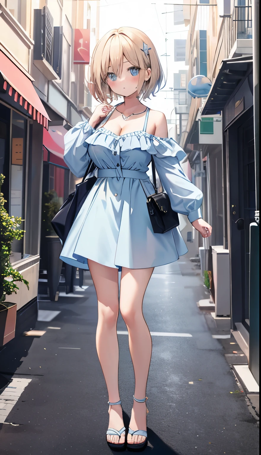 One Girl、Star Town Suisei、positive、Standing posture、Full body portrait、、blush、Absolute area、No panties、No bra、barefoot、Light blue dress、Off-the-shoulder dress、（Very large breasts）、Cleavage、((Lesbians around the world))、masterpiece、（highest quality）、、White heel sandals、Shirt buttons fly off、Unbutton your shirt、Exposing the breasts、Shopping Street、Skirt Front Lift