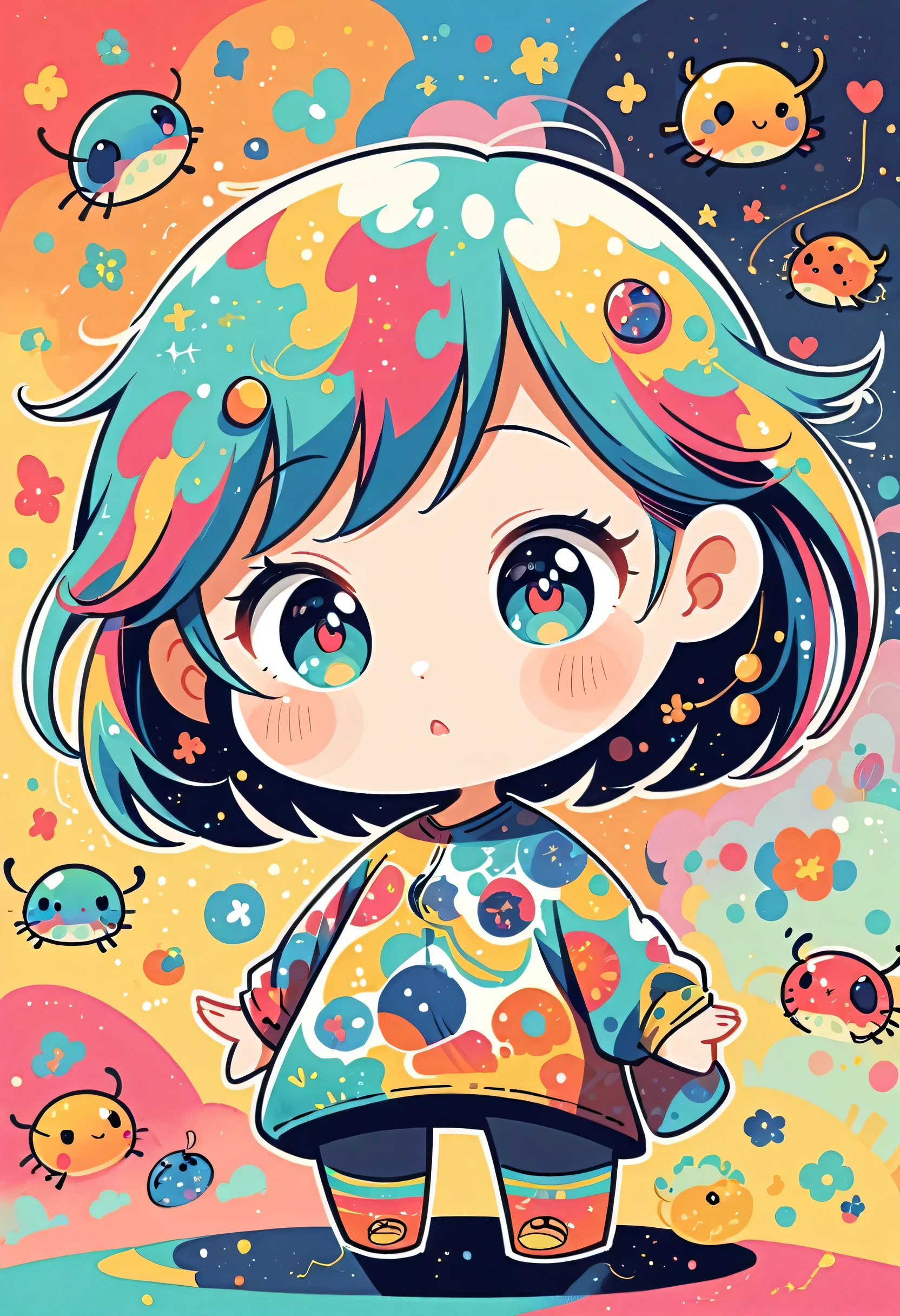 Watase Seizo style, Standing in front of a high wall,Simple Line Initialism,Abstract art,galactic universe Background, (((The most beautiful girl))), (((chibi))), Cute and colorful pillbugs, playing