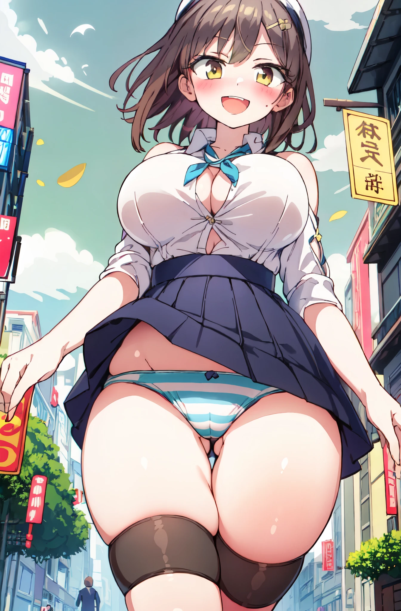 ((Table t○p, highest quality, Hi-Res Lucifer,Anime Screen Capture、Pixel Perfect, 8k, Browsing Caution)))、Perfect Anatomy、(((Huge breasts、Wide Hips、Wide ass)))、(((A skirt flipped up by the wind、White shirt、Black mini skirt、Blue striped panties)))、Hands on hips、Sweat, vapor,(Yellow Eyes)、((Black Hair)),  ((((:d、blush))))、(city)