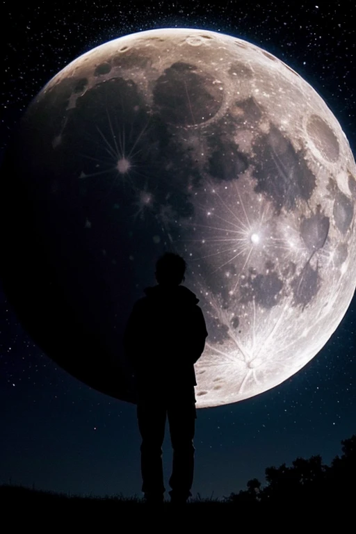 highest quality,Big moon and shadow,A silhouette of a person can be seen against the backdrop of a large moon.,There is one full moon,There is a mood,Beautiful scenery,Starry Sky