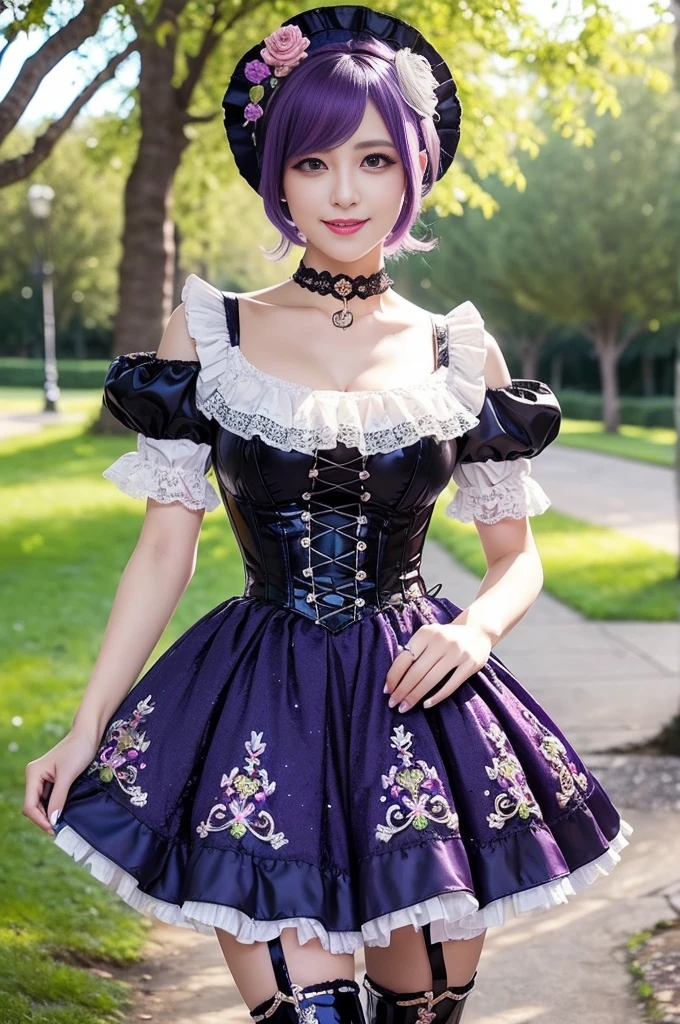 (nsfw), sexy stylish Swedish model, only 1 female, ((doll-like appearance)), short purple stylish hair, ((shiny Victorian-Style boots)), (big smile), ultra detailed eyes, vivid eye makeup, lipgloss, long lashes, defined eyebrows, ((sexy Paradise Kiss cosplay)), bell-shaped skirt, petticoats, high neckline, puffed sleeves, ((ultra detailed lace)), ((ultra detailed embroidery)), intricate details, Paradise Kiss accessoires and matching headpiece, choker, ((large sparkling Paradise Kiss jewelry)), cinematic light, detailed large park background with trees 