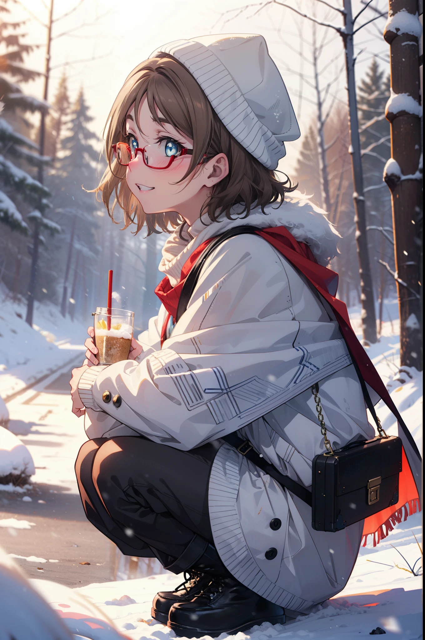 Yo Watanabe, Yu Watanabe, short hair, blue eyes, Brown Hair, smile, Grin,Medium Breast,Black-rimmed glasses,
Open your mouth,snow,Ground bonfire, Outdoor, boots, snowing, From the side, wood, suitcase, Cape, Blurred, having meal, forest, White handbag, nature,  Squat, Mouth closed, Cape, winter, Written boundary depth, Black shoes, red Cape break looking at viewer, Upper Body, whole body, break Outdoor, forest, nature, break (masterpiece:1.2), highest quality, High resolution, unity 8k wallpaper, (shape:0.8), (Beautiful and beautiful eyes:1.6), Highly detailed face, Perfect lighting, Extremely detailed CG, (Perfect hands, Perfect Anatomy),