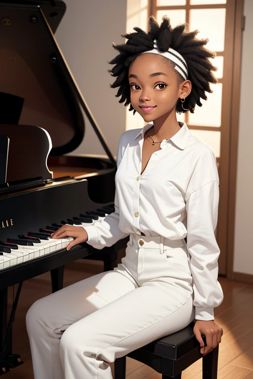 (masterpiece, best quality), deep ebony 1girl, beautiful face, short Afro braids , cute, , beautify, Lofi vibe,, cute night vibe, concentrated, hands outside of the picture, music studio, piano on the background, , dressed smartly, white shirt , white trousers , not sexy, cute look, clothing is dry and baggy, small breasts, teen vibe, cute smile, sitting next to a piano, don’t show hands on the picture